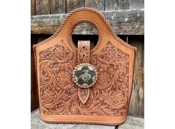 Hand Tooled Leather Handbag With Cowboy On Bronco