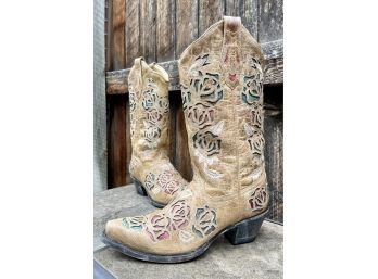 Corral Antique Saddle Multi-color Roses Western Boots Women' Size 8.5