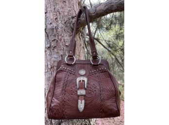 American West Brown Tooled Leather 2 Strap Handbag With Detailed Metal Accents