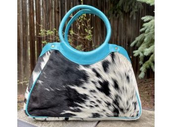 Black/White Cowhide With Turquoise Leather Trim Handbag And Round Handles