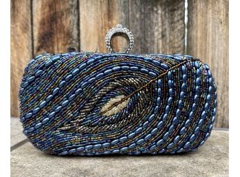 Blue Beaded Evening Bag/ Clutch With Bling Ring Closure