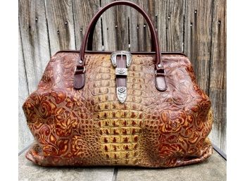 Raviani Croc Embossed Western Travel Bag Brown Leather W/ Decorative Metal Buckle
