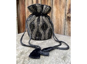 Black Velvet Beaded Drawstring Evening Bag With Braided Cord