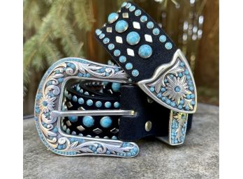 Nocona Black Suede With Turquoise Accent Rhinestone Belt Women's Size M