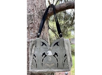 Awesome Gray Boot Converted To Shoulder Bag With Eagle Design And Fur Trim