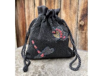 Black Butterfly & Dragonfly Beaded Bag With Stain Cord Drawstring