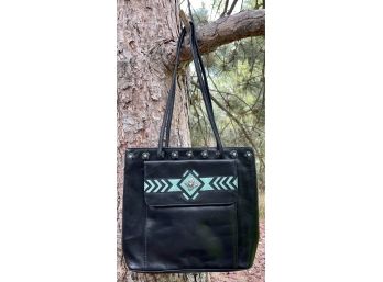 Black Leather Shoulder Bag With 2 Straps Featuring Turquoise Suede Details & Decorative Metal Trim