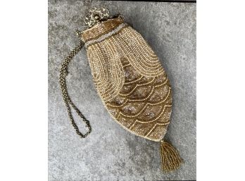 Ornate Beaded Evening Bag With Gold Mermaid Tail Design