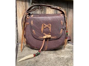 Handmade Bucket Style Dark Brown Crossbody Bag With  Bone Details