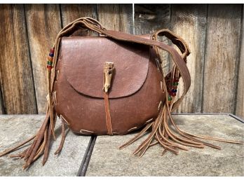 Handmade Bucket Style Crossbody Bag In Brown Leather With Cowhide Detailing & Bone Closure