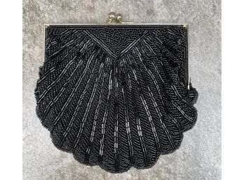 Black Beaded Evening Bag With Scalloped Edge & Gold Metal Closure Chain