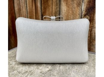 NWT Shimmery Silver Evening Bag With Bow Tie Closure & Silver Chain