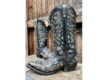 Shyanne Black Leather With Teal Cut-outs Western Boots Women's Size 8.5