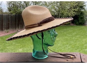 Western  Straw Hat By Larry Mahan With Leather Trim & Band