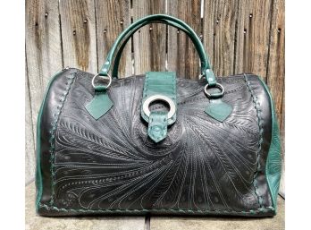 Leaders In Leather Black Leather Travel Bag  With Teal Accents