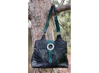 Leaders In Leather Black Leather Handbag With Teal Accents