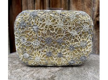 Gold Lame With Gray & Cream Floral Thread Clutch