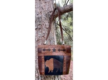 Bison Themed Brown/Black Leather Shoulder Bag W/ 2 Braided Straps