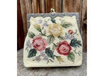 Vintage Style Newport News Ivory Beaded Bag With Rose Needlepoint Accents And Brass Chain