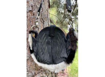 Unique Western Leather Boot & Wrangler Belt Converted To Small Shoulder Bag With White Fur