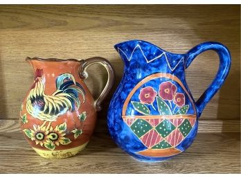 Pair Of Two Rustic Ceramic Pitchers Including Certified International Floral Pitcher By Susan Winget