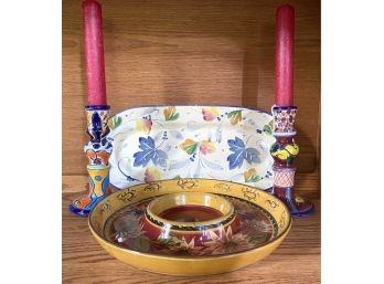 Colorful And Pretty Grouping Of Home Decor Including Mexican Talavera Candle Holders