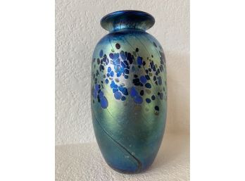Hand Blown Glass Aqua Iridescent Vase By Renowned Artist Jon Bush Dated 1999