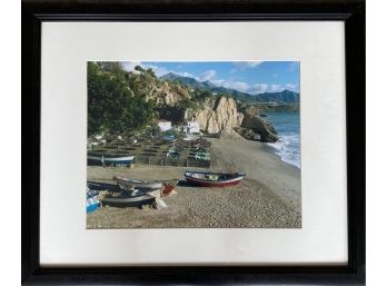 Umbrellas And Boats By The Ocean Framed Picture