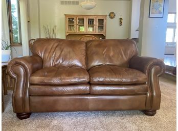 Beautiful Cognac Leather Loveseat With Roll Arm Detail & Tan Leather Stitching