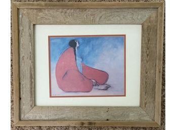 R C Gorman Poster Of Seated Woman In Red In Rustic Wood Frame