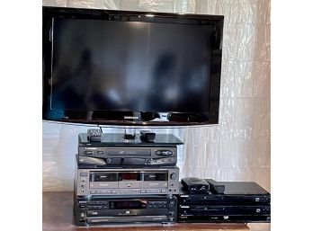 Large Electronics Lot With Samsung TV And Much More Including Nice Wood Cabinet