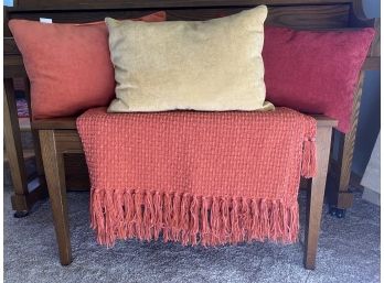 Lovely Grouping Of Decorative Accent Pieces Including Autumn Toned Throw Blanket And Pillows