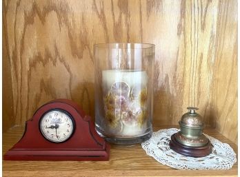 Lovely Grouping Of Home Decor Including Mantle Clock, Hurricane With Candle And Brass Bell From India