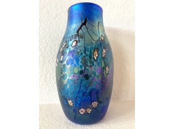 Renowned Glass Artist John Bush Gorgeous Iridescent Blue Vase With Flower Detail Dated 2003