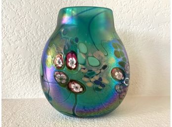 Jon Bush Glass Artist Signed Iridescent Blown Glass Vase With Floral Detail Dated 2004