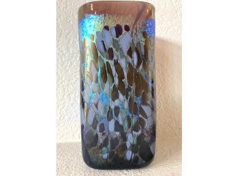 Hand Blown Glass Square Vase By Renowned Artist Jon Bush With Iridescent Motif