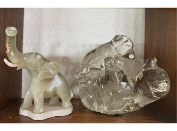 Gorgeous Green Agate Elephant And Glass Bear With Cub