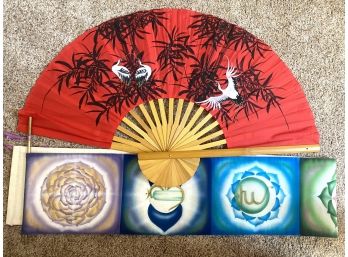 Nice Grouping Of Decor Including Yoga Scroll & Painted Fan With Birds