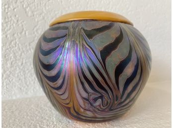 Fabulous Jon Bush (Glass Artist, CA) Signed Iridescent Striped Bowl With Glass Rim Dated 2010