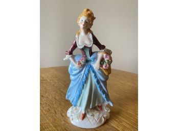 Lady In Blue Dress W/flower Basket  Figurine