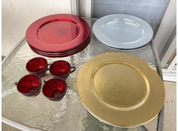 Lot Of Plastic Chargers And Cranberry Glass Teacups