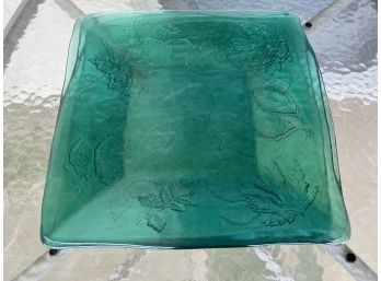 Lot Of 4 Green Glass Serving Dishes W/ Leaf Motif