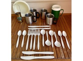 Camping Utensils With 4 Stainless Mugs, Re-useable Heavy Duty Plastic Silverware And More