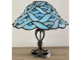 Beautiful BlueStained Glass Candle Lamp With Bronze Color Metal Base