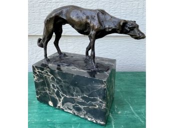 Handsome Signed Bronze Dog Sculpture On Marble Base