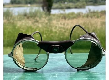 Interesting Vintage Sunglasses With Leather Visors And Green Glass Cool Steampunk Style