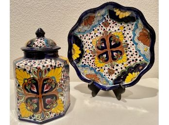 Beautiful Mexican Talavera Decorative Lidded Jar And Large Plate