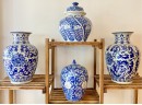 Four White And Blue China Vases And Lidded Jars