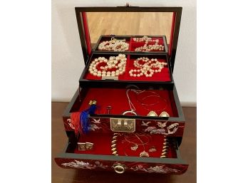 Inlaid Mother Of Pearl  Lacquered Jewelry Box Filled With Costume Jewelry