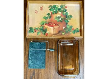 Wooden Kitchen Tray, Anchor Hawking And Pyrex Dish, And Cheese Cutter